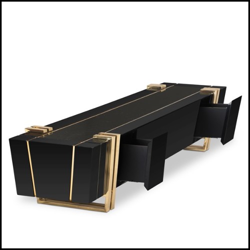 TV Sideboard with black nero marquina marble top and solid black lacquered wood frame 164-Partenon