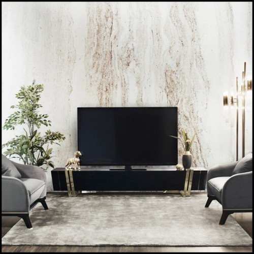TV Sideboard with black nero marquina marble top and solid black lacquered wood frame 164-Partenon
