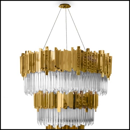 Chandelier with crystal glass and gold plated polished brass pendants 164-Ambassador