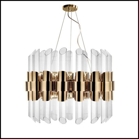 Suspension with gold plated polished brass structure and ribbed crystal glass cylinders 164-Vitta Gold Round