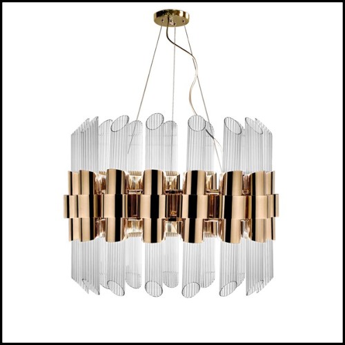 Suspension with gold plated polished brass structure and ribbed crystal glass cylinders 164-Vitta Gold Round
