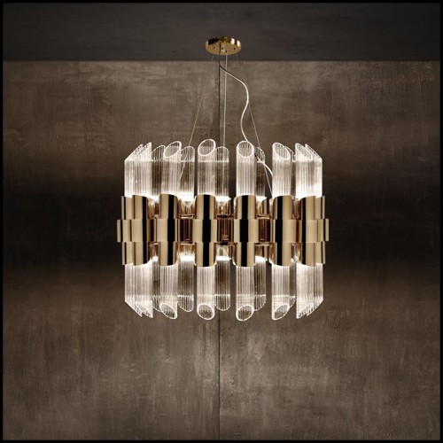 Suspension with gold plated polished brass structure and ribbed crystal glass cylinders 164-Vitta Gold Round