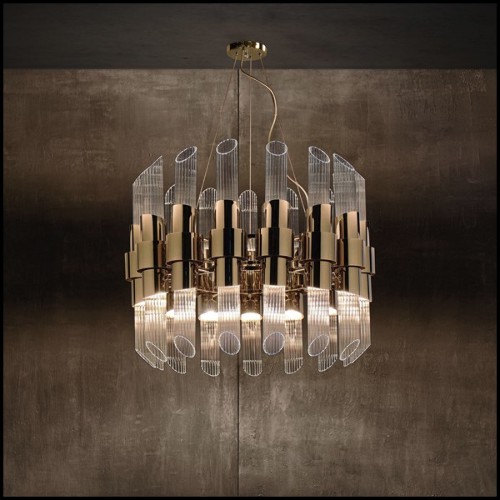 Suspension with gold plated polished brass structure and ribbed crystal glass cylinders 164-Vitta Gold Round