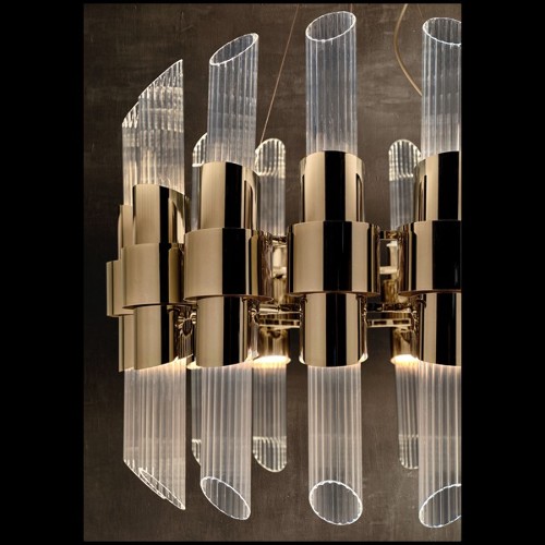 Suspension with gold plated polished brass structure and ribbed crystal glass cylinders 164-Vitta Gold Round