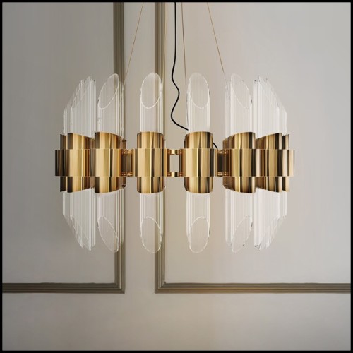 Suspension with gold plated polished brass structure and ribbed crystal glass cylinders 164-Vitta Gold Round
