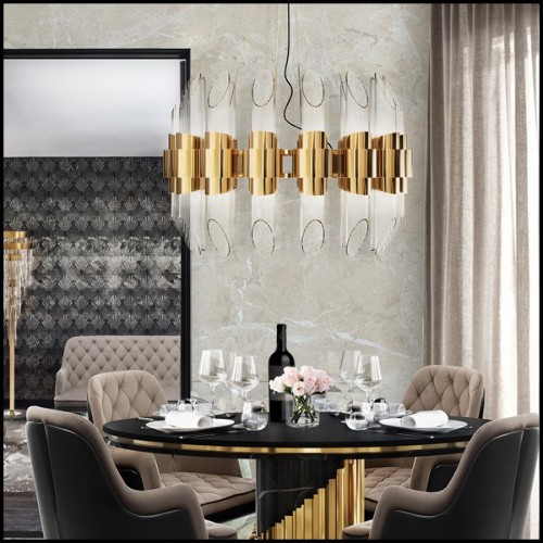 Suspension with gold plated polished brass structure and ribbed crystal glass cylinders 164-Vitta Gold Round
