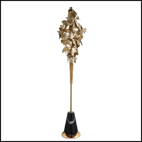 Floor lamp with leaves in gold plated hand-hammered with amber Swaroski crystals 164-Crown Leaves