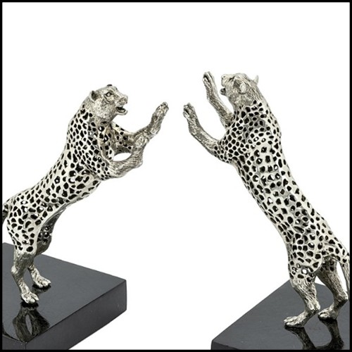 Bookend in silver plated brass on black polished glossy base 162-Leopard Set