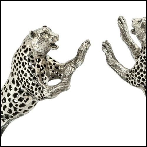 Bookend in silver plated brass on black polished glossy base 162-Leopard Set