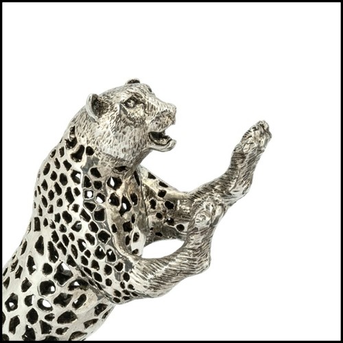 Bookend in silver plated brass on black polished glossy base 162-Leopard Set