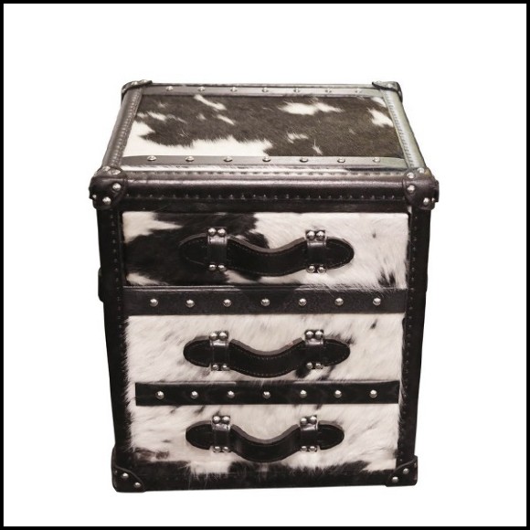 Chest with structure in solid wood and covered with natural black and white cowhide 35-Cowhide Cube