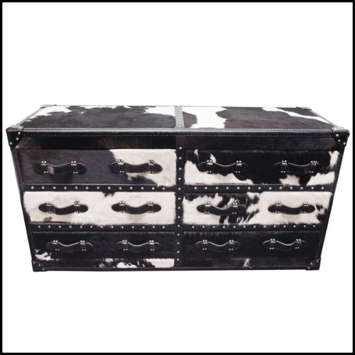 Chest with structure in solid wood and covered with natural black and white cowhide 35-Cowhide Long