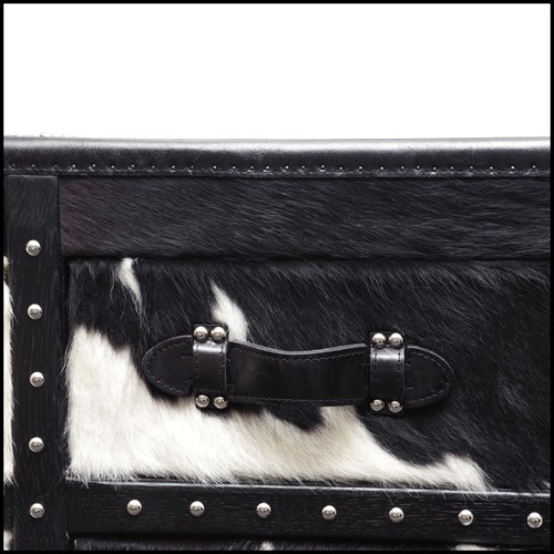 Coffre avec structure en bois massif recouvert de cuir de vachette noir et blanc 35-Cowhide Long