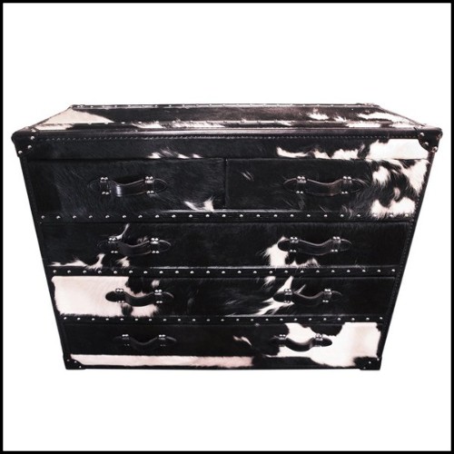 Chest with structure in solid wood and covered with natural black and white cowhide 35-Cowhide High