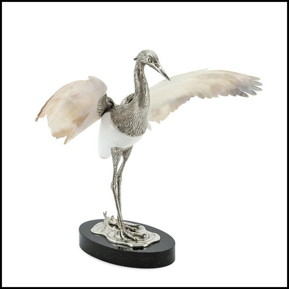 Sculpture d'héron sur base noire avec structure en métal plaqué argent PC-Shell Wings