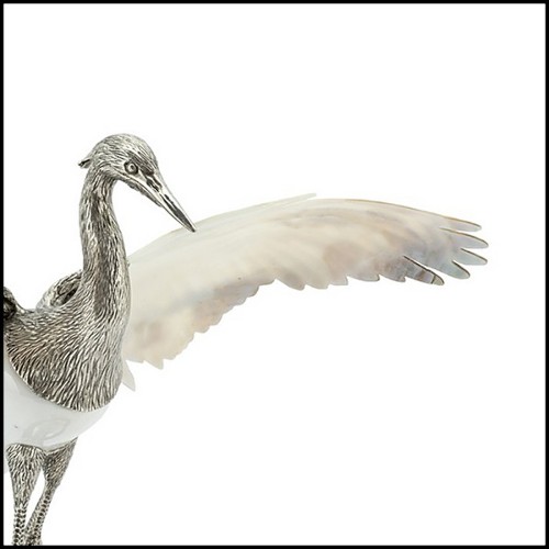 Sculpture of heron bird on black base with silver plated structure PC-Shell Wings