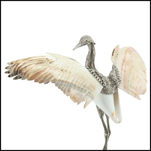 Sculpture of heron bird on black base with silver plated structure PC-Shell Wings