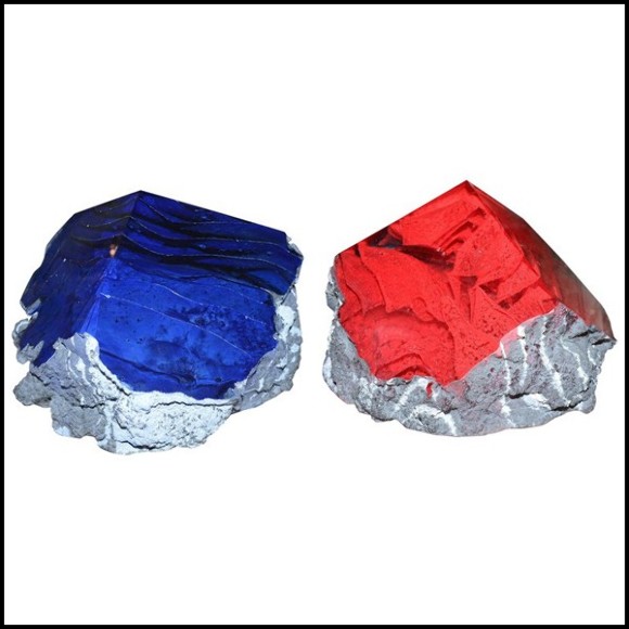 Set of two sculpture made with glass paste with strips glass paste colored with pigments in red and blue PC-Glass Alchemy