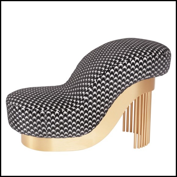 Chaise longue avec structure en bois massif et base finition Gold avec revêtement en tissu noir et blanc 166-Pike Heels