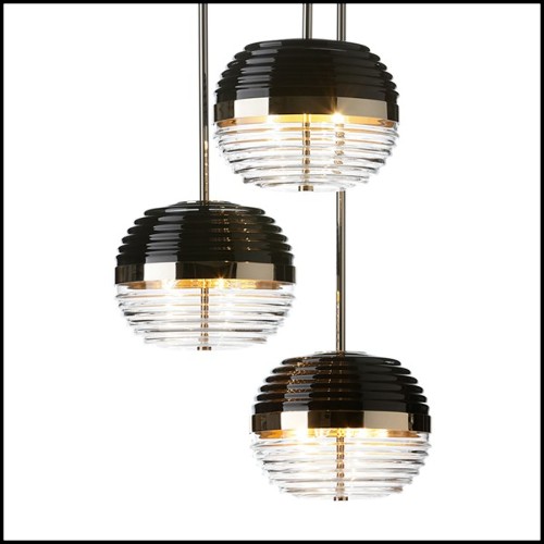 Suspension with structure and base in polished solid brass and black glass shade 165-Duke Triple