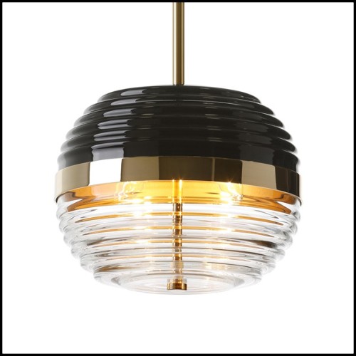 Suspension with structure and base in polished solid brass and black glass shade 165-Duke Triple