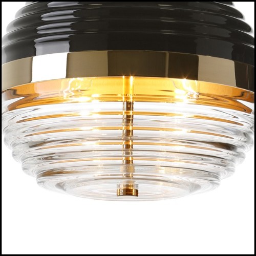 Suspension with structure and base in polished solid brass and black glass shade 165-Duke Triple