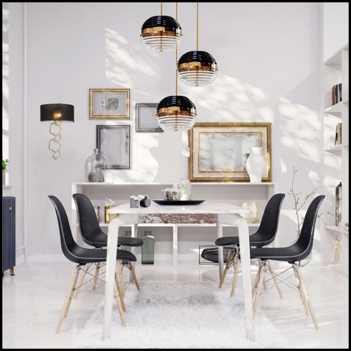 Suspension with structure and base in polished solid brass and black glass shade 165-Duke Triple