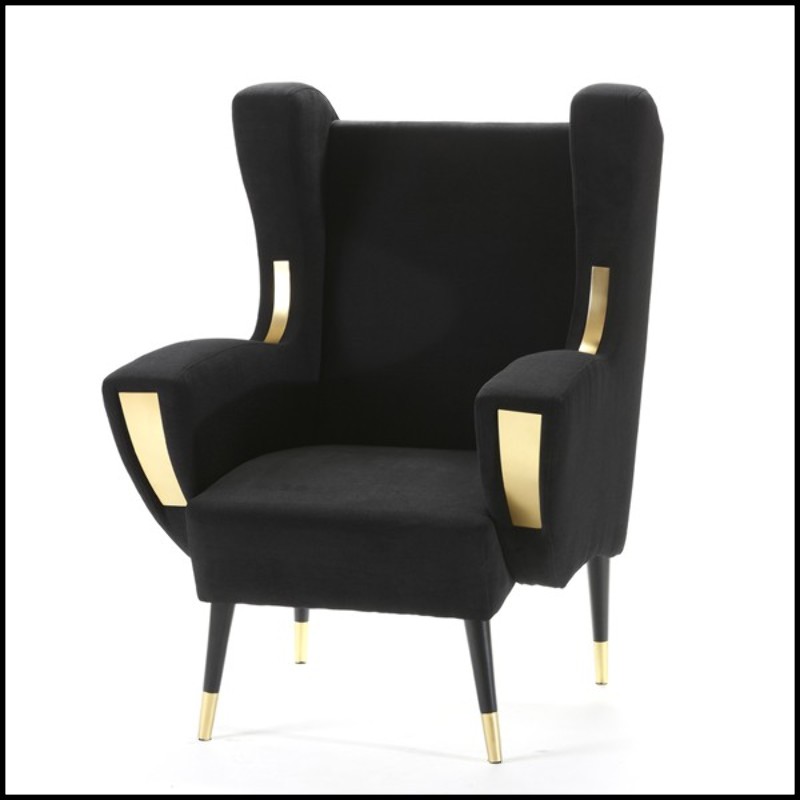 Armchair with structure in solid wood upholstered with black velvet fabric and etails in polished brass 165-Berliner