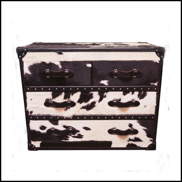 Chest with structure in solid wood upholstered with natural black and white cowhide 35-Wild Cowhide