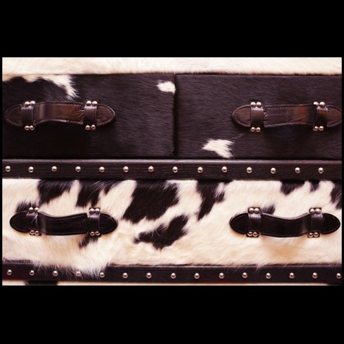 Chest with structure in solid wood upholstered with natural black and white cowhide 35-Wild Cowhide