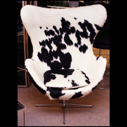 Armchair upholstered with treated natural cowhide on swivel polished stainless steel feet PC-Cowhide Egg