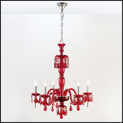 Chandelier with brass structure in nickel finish and with handblown red glass body 165-Tamara Red