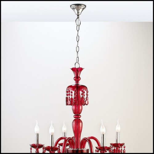 Chandelier with brass structure in nickel finish and with handblown red glass body 165-Tamara Red