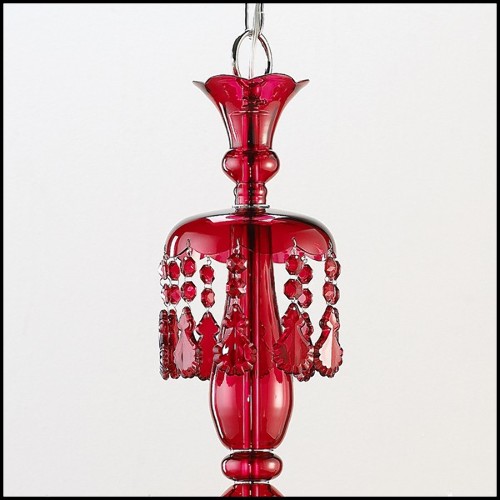 Chandelier with brass structure in nickel finish and with handblown red glass body 165-Tamara Red