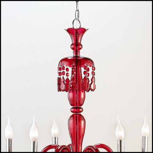 Chandelier with brass structure in nickel finish and with handblown red glass body 165-Tamara Red