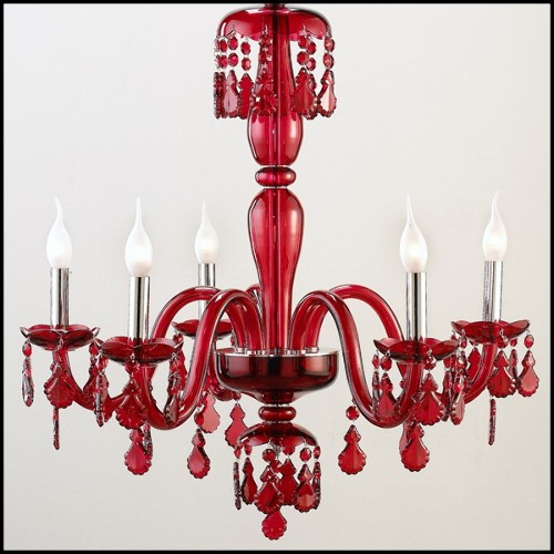 Chandelier with brass structure in nickel finish and with handblown red glass body 165-Tamara Red