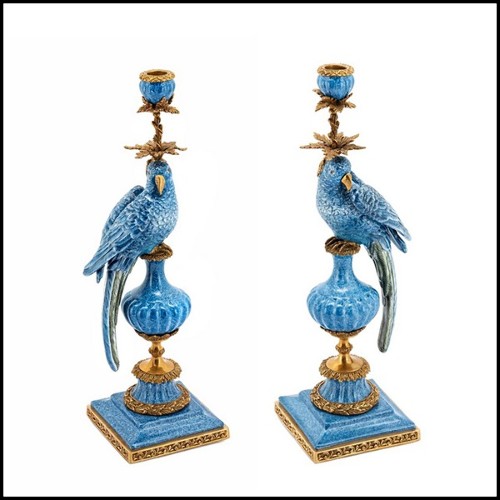 Set de deux bougeoirs perroquets en porcelaine émaillée bleue peinte à la main 162-Blue Parrot