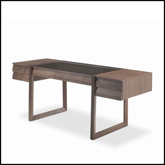 Desk with legs structure in solid walnut wood and top with three-drawers made in walnut plywood with squared lines 154-Scribe