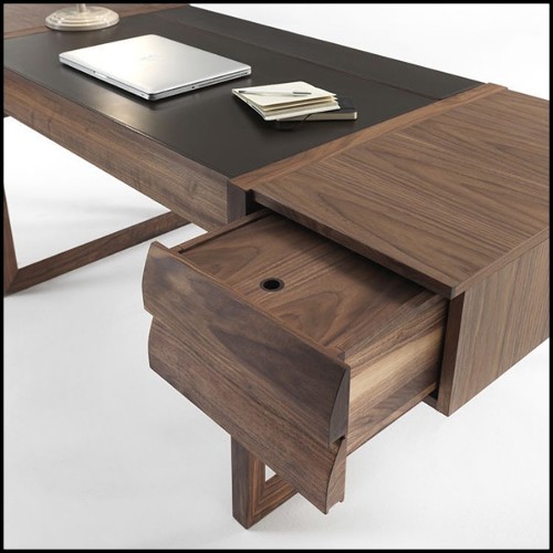 Desk with legs structure in solid walnut wood and top with three-drawers made in walnut plywood with squared lines 154-Scribe