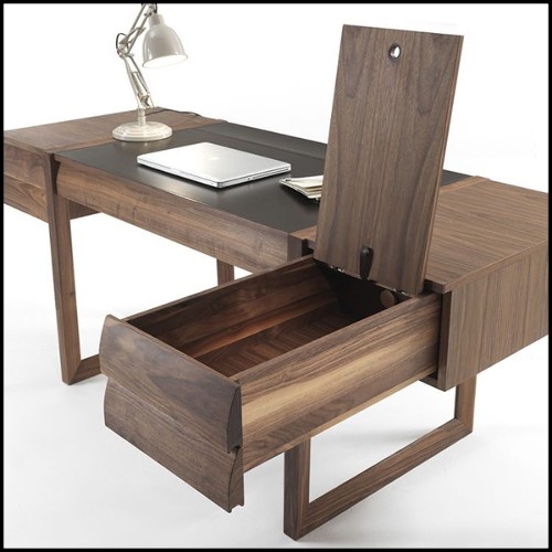 Desk with legs structure in solid walnut wood and top with three-drawers made in walnut plywood with squared lines 154-Scribe