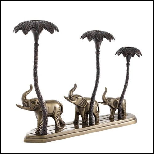 Bougeoir trio d'éléphants avec structure en laiton antique et finition bronze 24-Tri Elephant