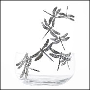 Bowl in crystal glass and with polished stainless steel dragonflies 107-Dragonfly