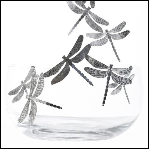 Bowl in crystal glass and with polished stainless steel dragonflies 107-Dragonfly