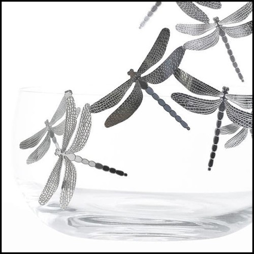 Bowl in crystal glass and with polished stainless steel dragonflies 107-Dragonfly