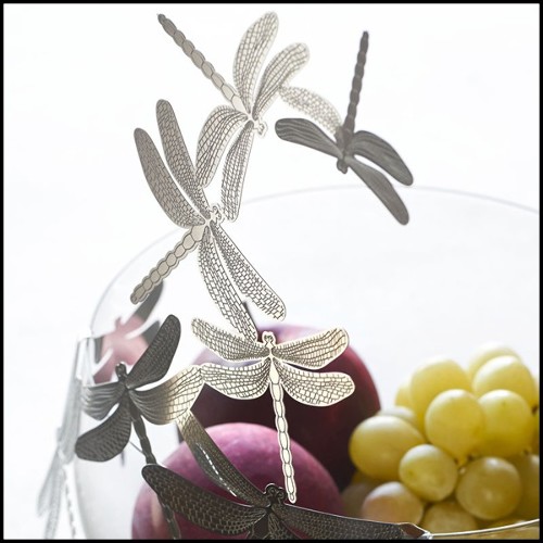 Bowl in crystal glass and with polished stainless steel dragonflies 107-Dragonfly