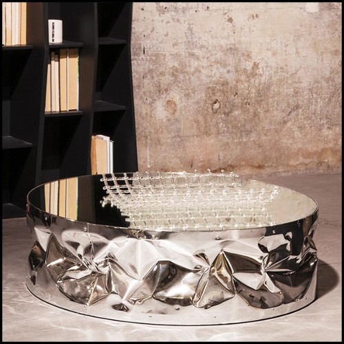 Table basse avec structure en aluminium poli froissé en finition Gold ou chromée 107-Bumpy