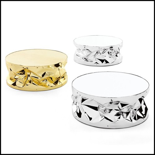 Table basse avec structure en aluminium poli froissé en finition Gold ou chromée 107-Bumpy