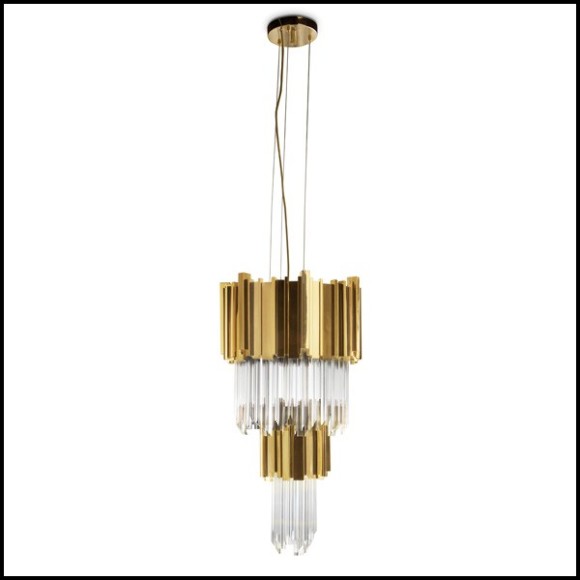 Suspension with crystal glass pendants and 2 circular rows of gold-plated polished brass rectangular sticks 164-Ambassador M