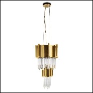 Suspension avec pendentifs en verre de cristal et 2 rangées circulaires de baguettes en laiton plaqué Gold 164-Ambassadeur M