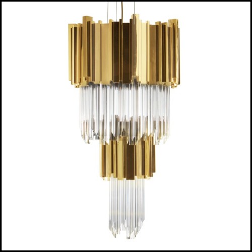 Suspension with crystal glass pendants and 2 circular rows of gold-plated polished brass rectangular sticks 164-Ambassador M